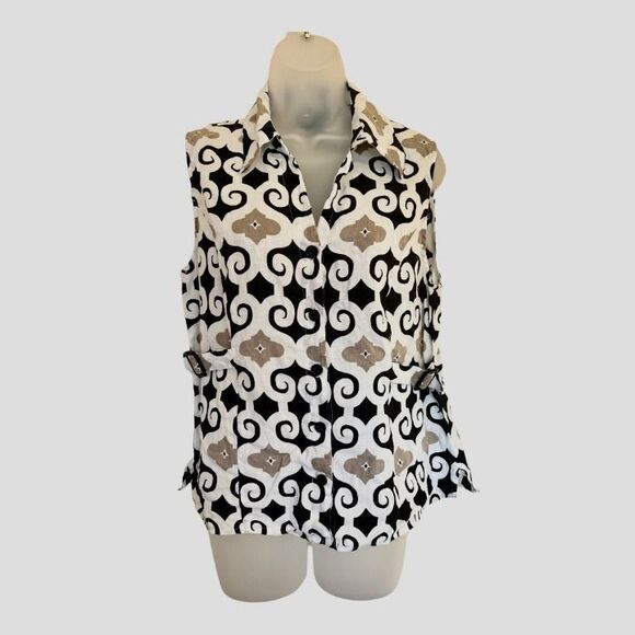 Carole Little 100% Linen Scroll Print Sleeveless Blouse Size Large - Picture 1 of 10